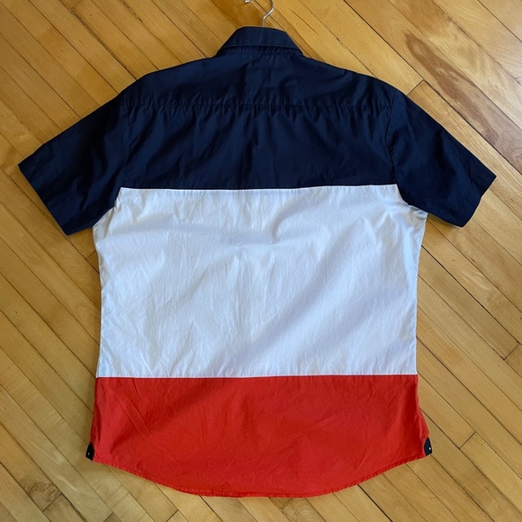 RARE RABBIT Color Block Casual Button Down Shirt Navy White Orange Cabana Shirt - Picture 11 of 11